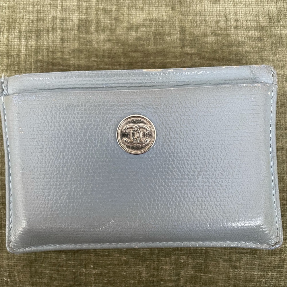Chanel Calfskin Leather Card Case Grey Blue